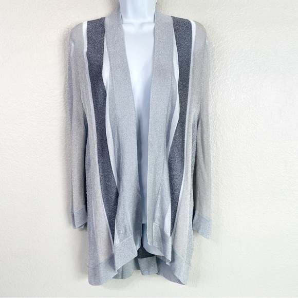 Chico’s Silver Metallic Open Front Mesh Knit Sweater Cardigan Size L/12 - Picture 1 of 7